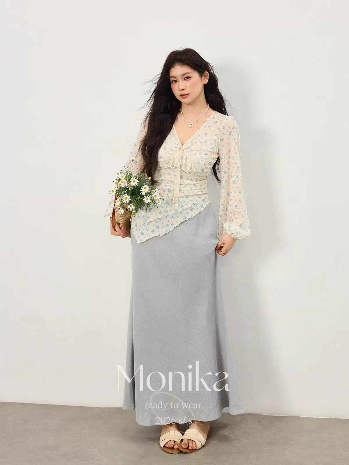 빅 사이즈 마이크로 지방 꽃무늬 망사 긴팔 작은 셔츠 여성 지방 mm 표지 고기 슬림해 보이는 불규칙 허리 수축 표지 고기 슬림해 보이는 맨위 이미지 2