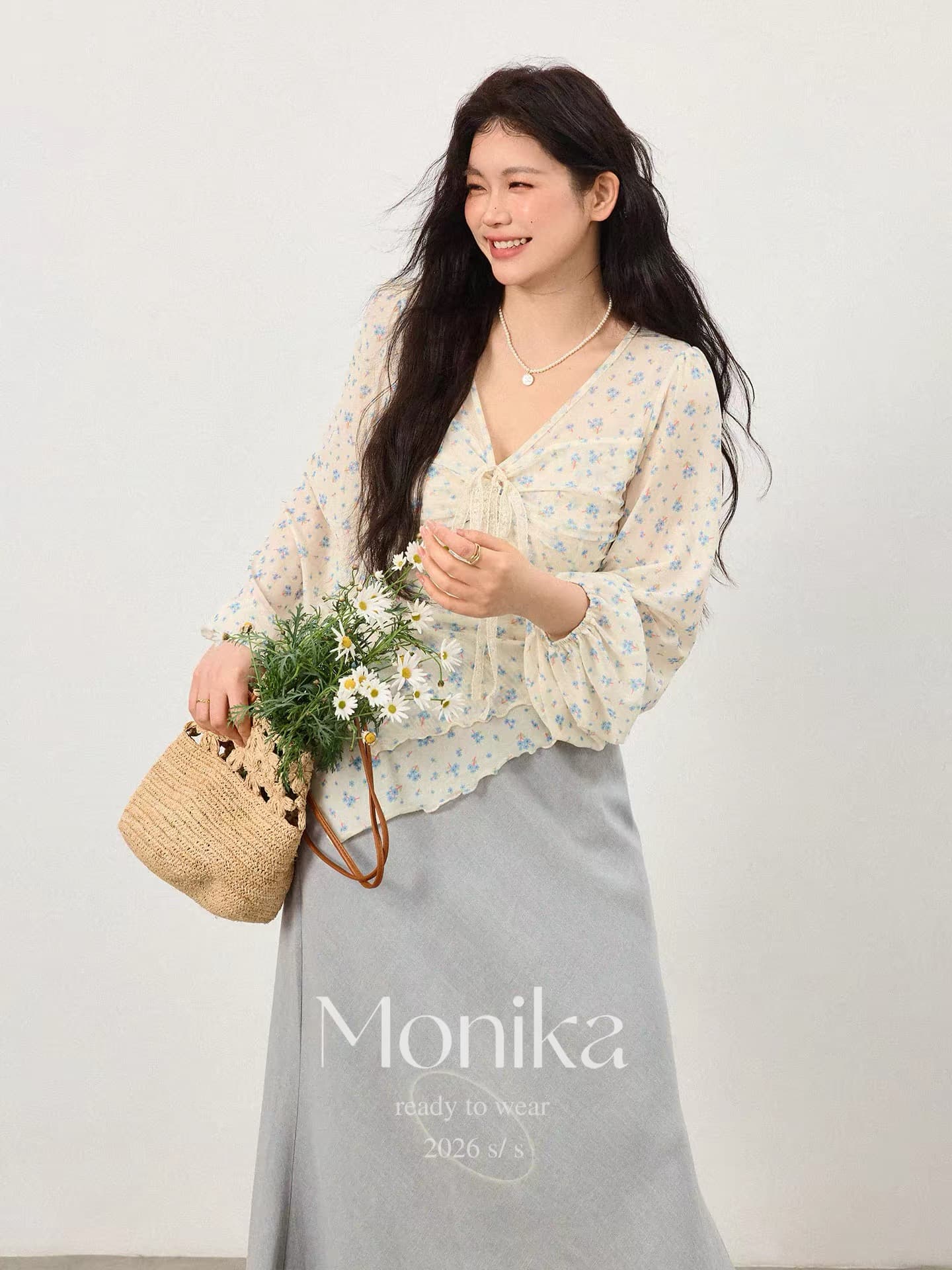 빅 사이즈 마이크로 지방 꽃무늬 망사 긴팔 작은 셔츠 여성 지방 mm 표지 고기 슬림해 보이는 불규칙 허리 수축 표지 고기 슬림해 보이는 맨위 이미지 4
