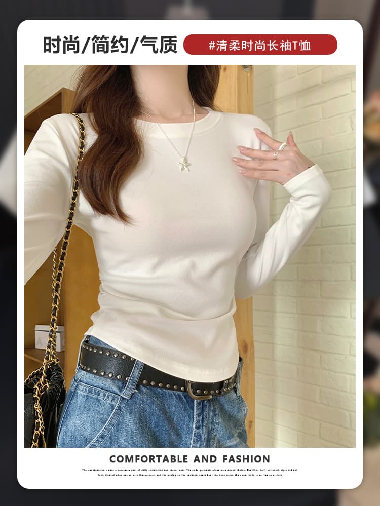 실사 순수한 욕망 꼬집기 허리 긴팔 티셔츠 여성 가을 겨울 불규칙 라운드 넥 기본 셔츠 외국 가스 몸매 가꾸기 인사이드 잡아라. 의류 트렌디 상세 이미지 2