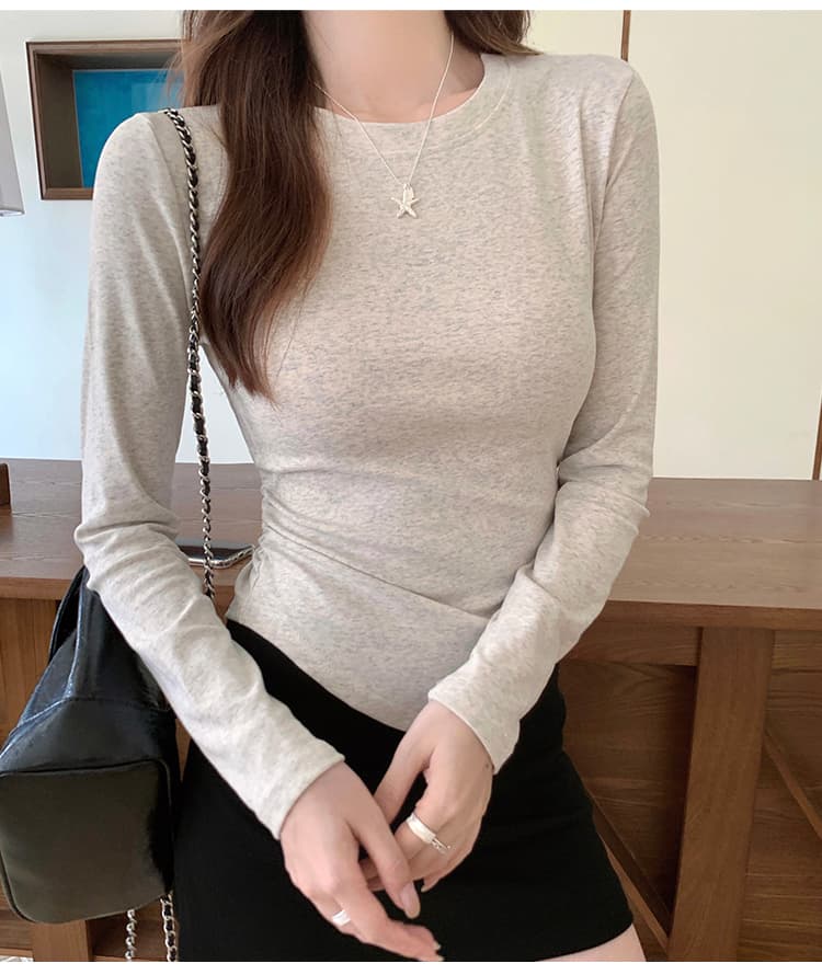 실사 순수한 욕망 꼬집기 허리 긴팔 티셔츠 여성 가을 겨울 불규칙 라운드 넥 기본 셔츠 외국 가스 몸매 가꾸기 인사이드 잡아라. 의류 트렌디 상세 이미지 5