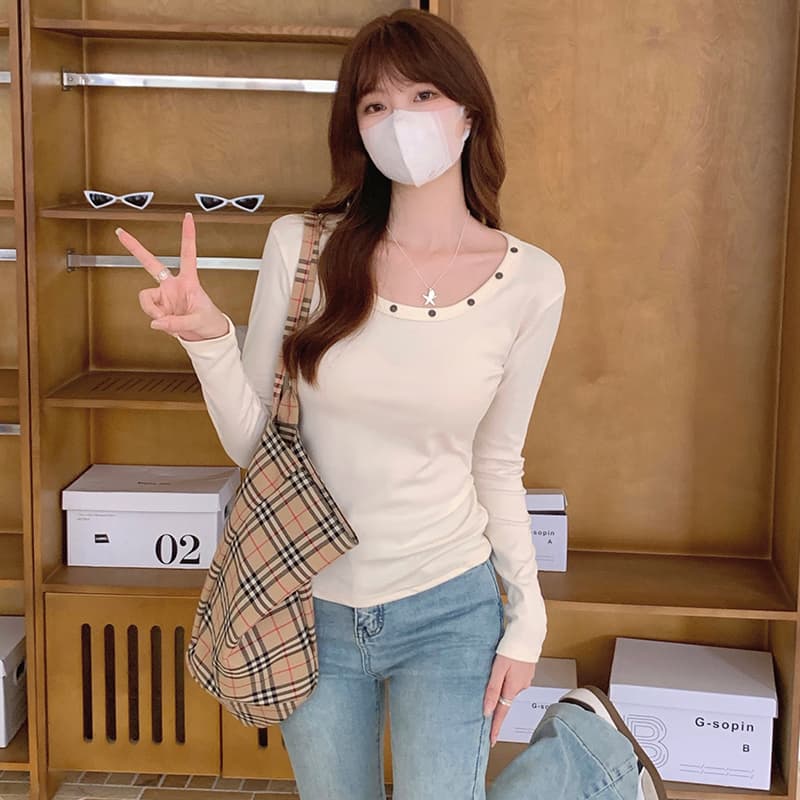 실사 순수한 욕망 낮음 네클라인 기본 셔츠 여성 봄 가을 겨울 패션 미니멀리즘 몸매 가꾸기 슬림해 보이는 긴팔 티셔츠 긍정적 인 어깨 의류 이미지 3