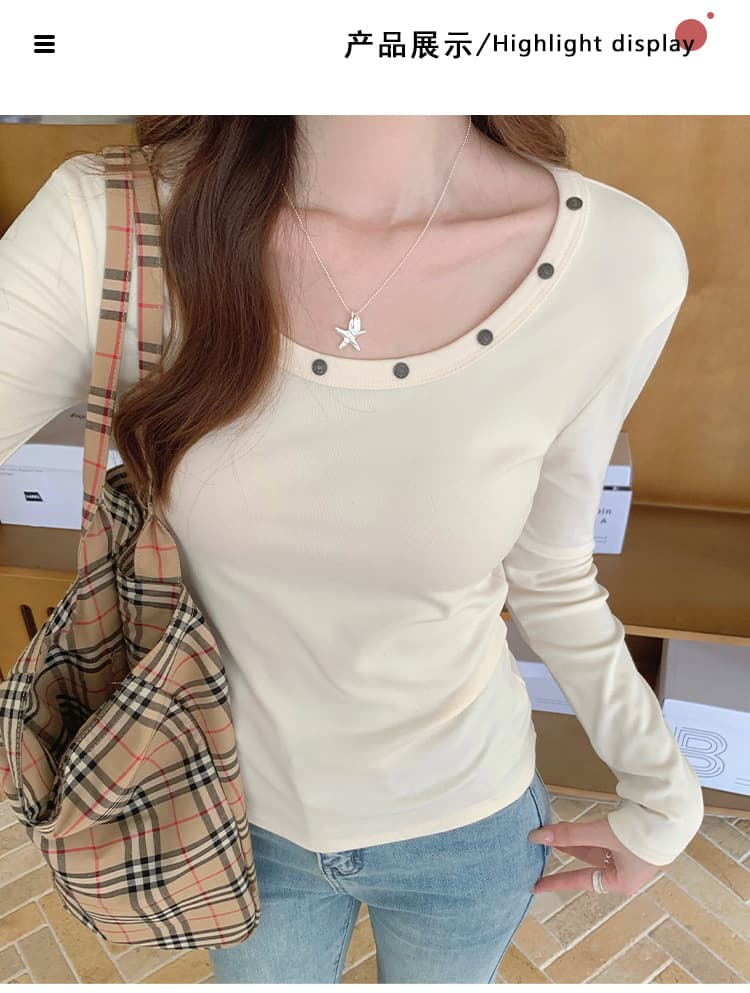 실사 순수한 욕망 낮음 네클라인 기본 셔츠 여성 봄 가을 겨울 패션 미니멀리즘 몸매 가꾸기 슬림해 보이는 긴팔 티셔츠 긍정적 인 어깨 의류 상세 이미지 5