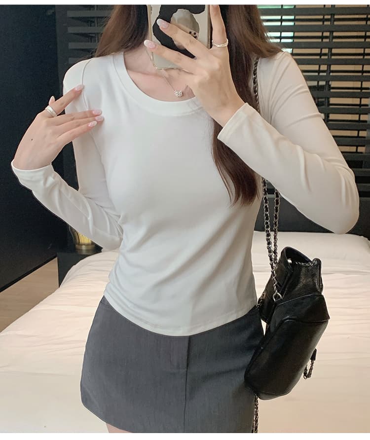 실사 이른 가을 몸매 가꾸기 긍정적 인 어깨 라운드 넥 기본 셔츠 여성 가을 겨울 새로운 슬림해 보이는 다용도 긴팔 티셔츠 인사이드 잡아라. 의류 상세 이미지 16