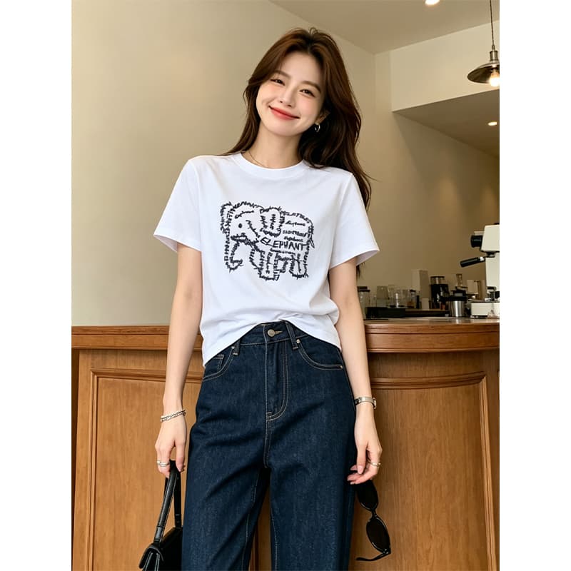 실사 여름 루즈핏 긍정적 인 어깨 라운드 넥 반팔 티셔츠 여성 디자인 센스 작은 대중 아기 코끼리 자수 반소매 외국 가스 맨위 이미지 4