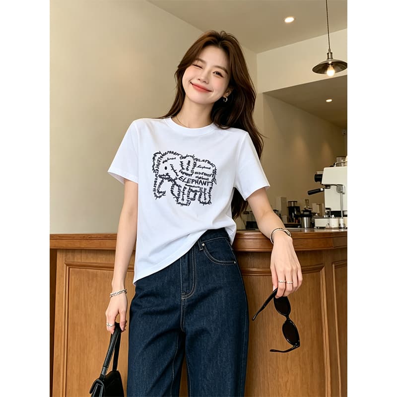 실사 여름 루즈핏 긍정적 인 어깨 라운드 넥 반팔 티셔츠 여성 디자인 센스 작은 대중 아기 코끼리 자수 반소매 외국 가스 맨위 상세 이미지 4