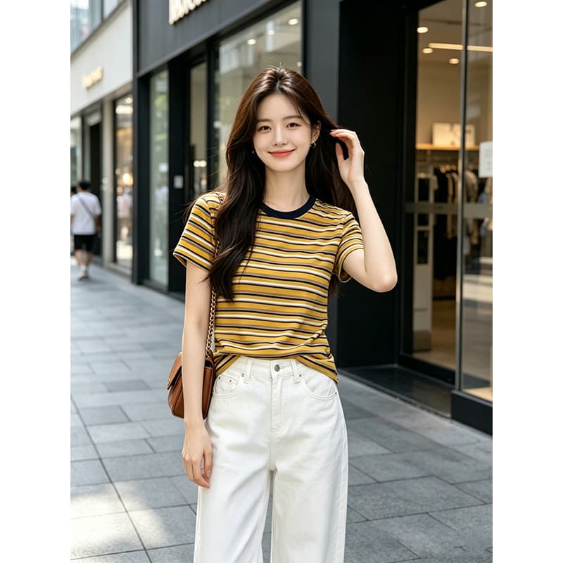 실사 패션 스트라이프 반팔 티셔츠 여성 한국 스타일 루즈핏 라운드 넥 반소매 2026 새로운 다용도 긍정적 인 어깨 옷 상세 이미지 8