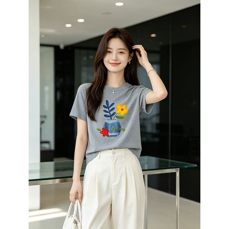 실사 꽃 자수 티셔츠 여성 여름 한국 스타일 루즈핏 반팔 2026 새로운 루즈핏 긍정적 인 어깨 반소매 맨위 서비스 이미지 5
