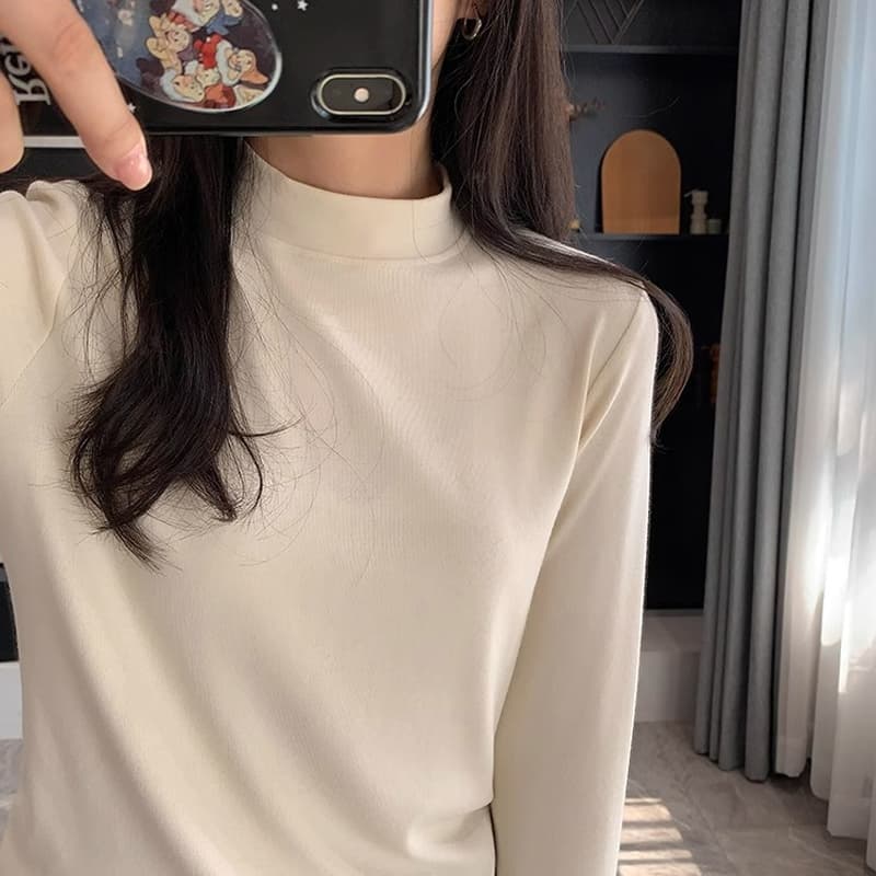 작은 스탠드 칼라 기본 셔츠 여성 기초 섹션 단색 긴팔 티셔츠 가을 겨울 미니멀리즘 몸매 가꾸기 다용도 중 칼라 긍정적 인 어깨 의류 이미지 5