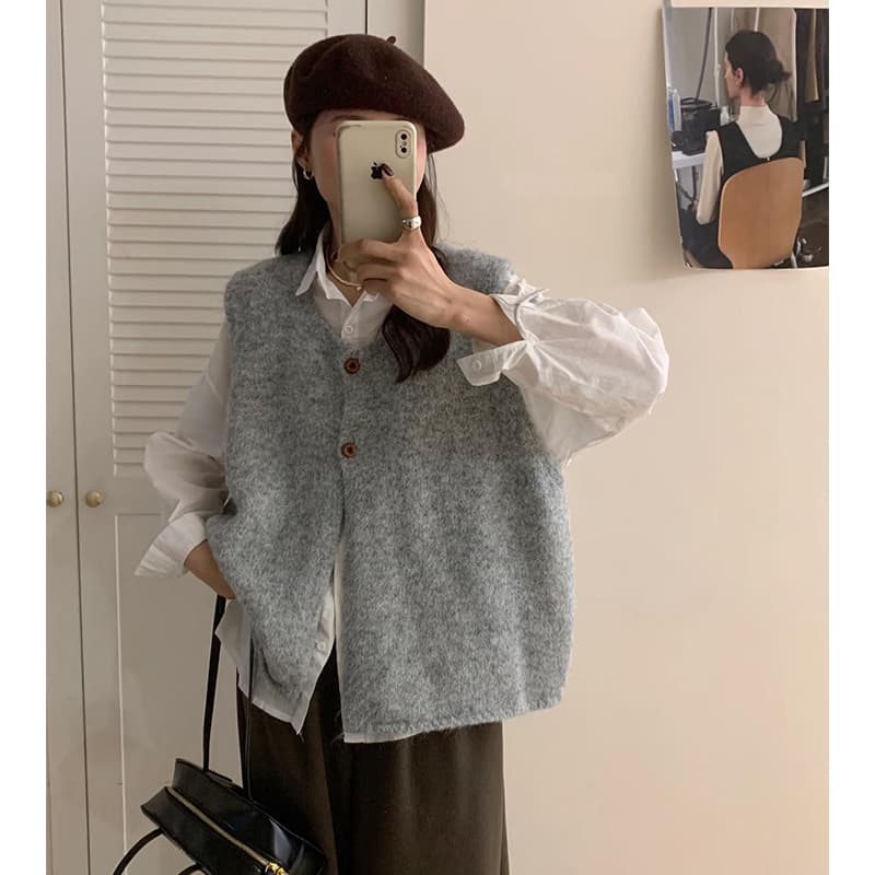 일본식 느긋한 바람 플리스 니트 조끼 여자 봄 가을 겨울 한국 스타일 레트로 항구 바람 루즈핏 외출용 조끼 조끼 트렌디 상세 이미지 3