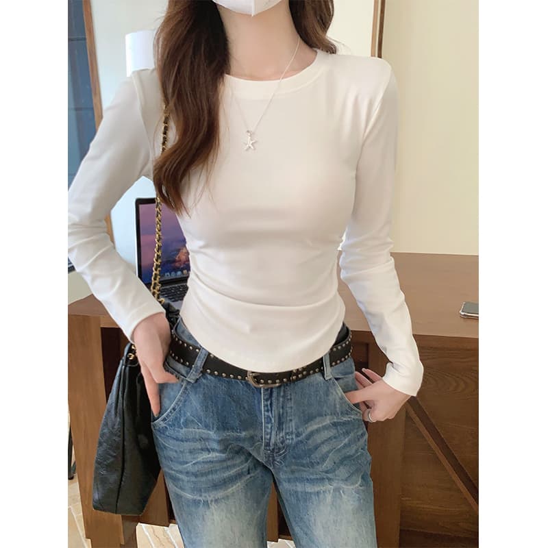 실사 순수한 욕망 꼬집기 허리 긴팔 티셔츠 여성 가을 겨울 불규칙 라운드 넥 기본 셔츠 외국 가스 몸매 가꾸기 인사이드 잡아라. 의류 트렌디 이미지 2