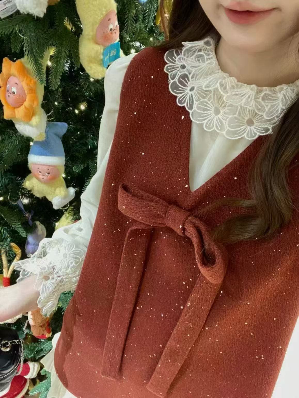가을 겨울 새로운 세련된 프랑스식 부드러운 바람 레이스 조각 셔츠 달콤함 스팽글 나비 매듭 점프 슈트 치마 세트 이미지 4