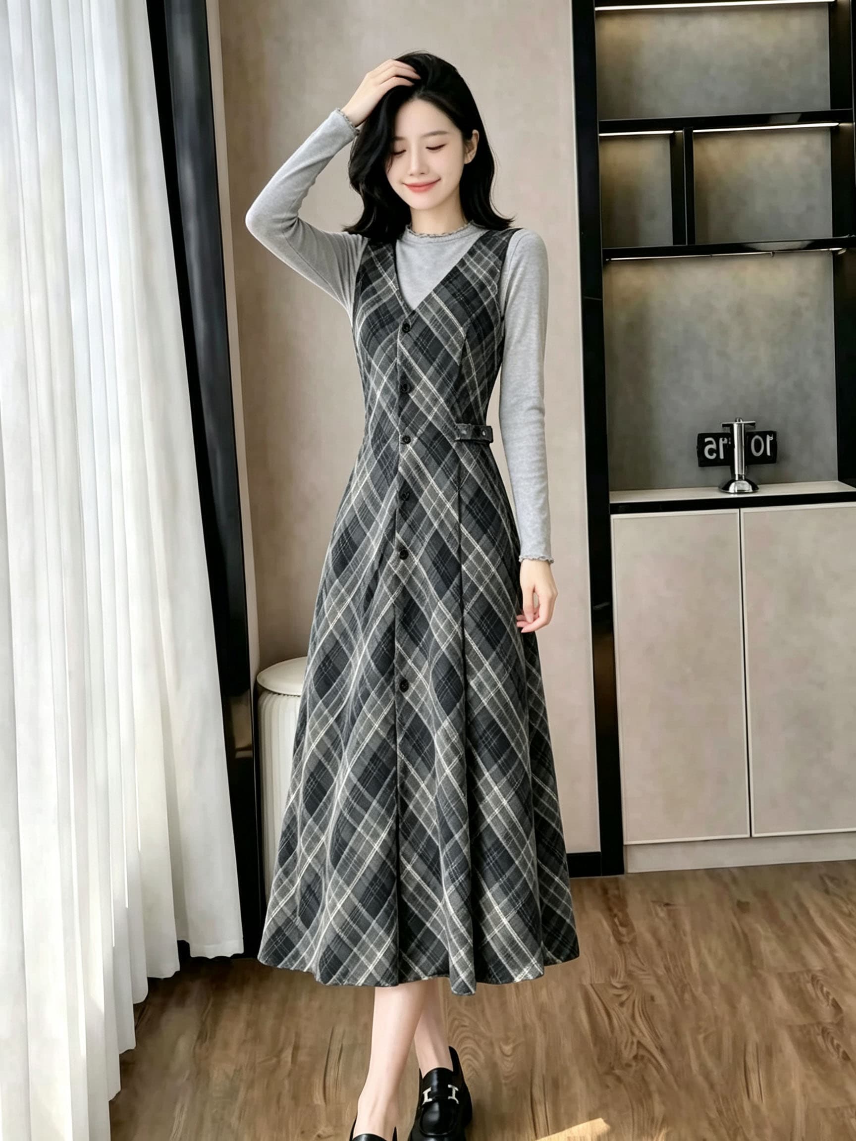 한 부서 그레이트 통해보기 가져 가라. 전체 집합 2026 새로운 체크무늬 드레스 아이들 봄 가을 롱 스커트 투피스 슈트 상세 이미지 5