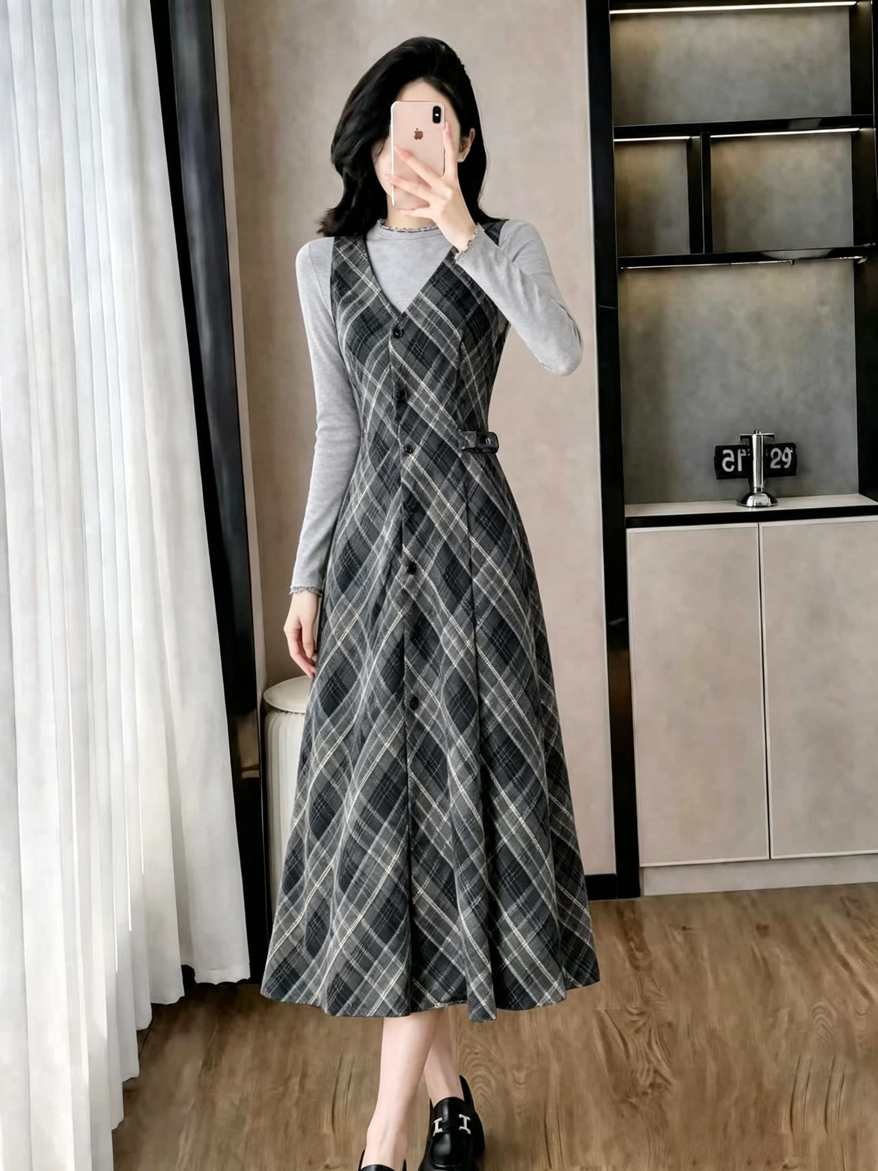 한 부서 그레이트 통해보기 가져 가라. 전체 집합 2026 새로운 체크무늬 드레스 아이들 봄 가을 롱 스커트 투피스 슈트 상세 이미지 6