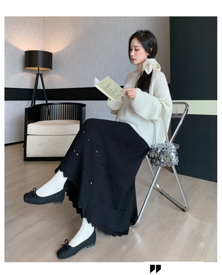 실사 가을 겨울 새로운 출산 착용 니트 빅 플레어 스커트 패션 트렌디 엄마 하이웨이스트 홀로우 아웃 슬림해 보이는 반신 스커트 상세 이미지 43