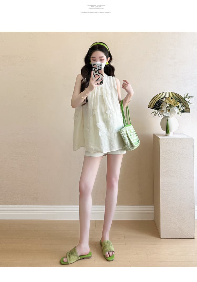 실사 임산부 여름 드레스 새로운 패션 세트 고급 센스 자수 나비 매듭 쉬폰 블라우스 복부 지지 반바지 투피스 세트 상세 이미지 18