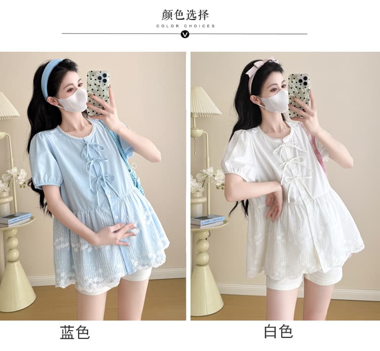 실사 임산부 여름 새로운 세트 자수 망사 패치워크 레이스업 셔츠 복부 지지 반바지 투피스 세트 상세 이미지 7