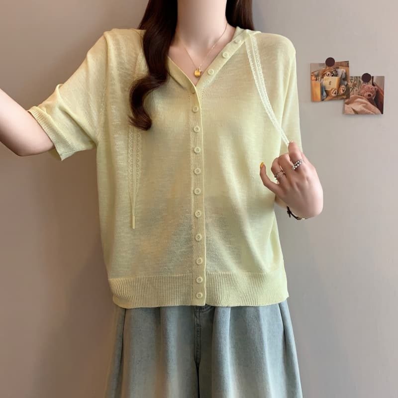 매장 실사 26 년 봄 빅 사이즈 루즈핏 후드 니트 싱글 줄 버튼 반팔 다용도 얇은 스타일 슬림해 보이는 패션 맨위 상세 이미지 18