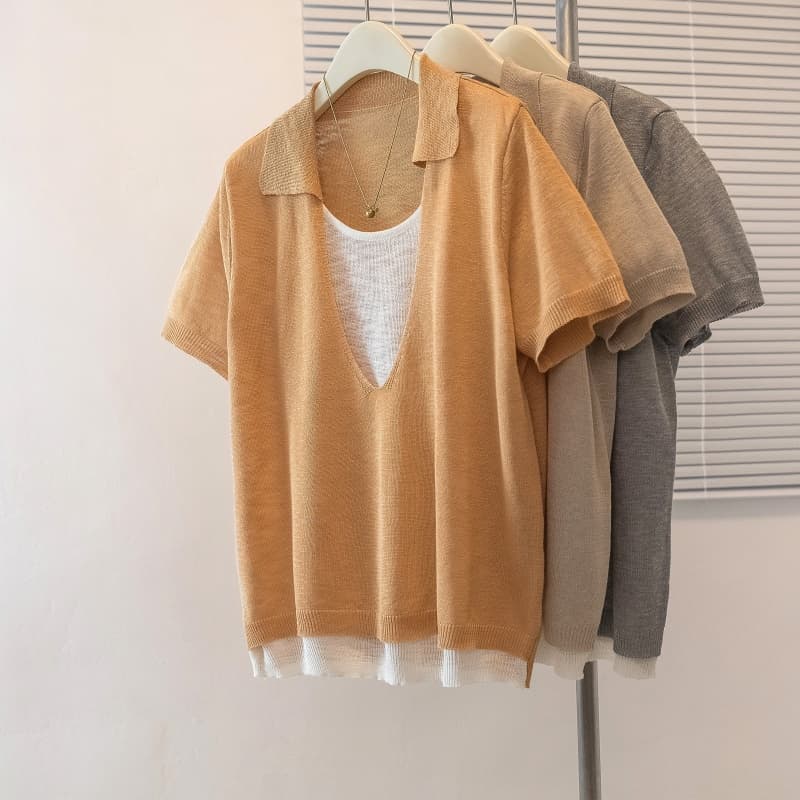 매장 실사 여름 새로운 빅 사이즈 패션 배색 패치워크 페이크 레이어드 POLO 칼라 슬림해 보이는 반팔 티셔츠 맨위 상세 이미지 1