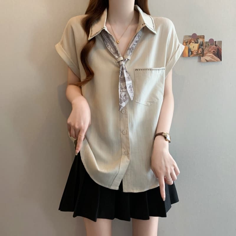 매장 실사 26 년 여름 새로운 빅 사이즈 패션 스카프 레이스업 긍정적 인 어깨 반팔 셔츠 슬림해 보이는 연령 감소 맨위 여성 상세 이미지 8