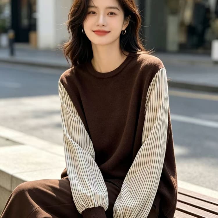 매장 실사 26 년 가을 겨울 새로운 빅 사이즈 수직 기사 셔츠 소매 패치워크 라운드 넥 후드티 뒤로 단추 루즈핏 맨위 상세 이미지 9