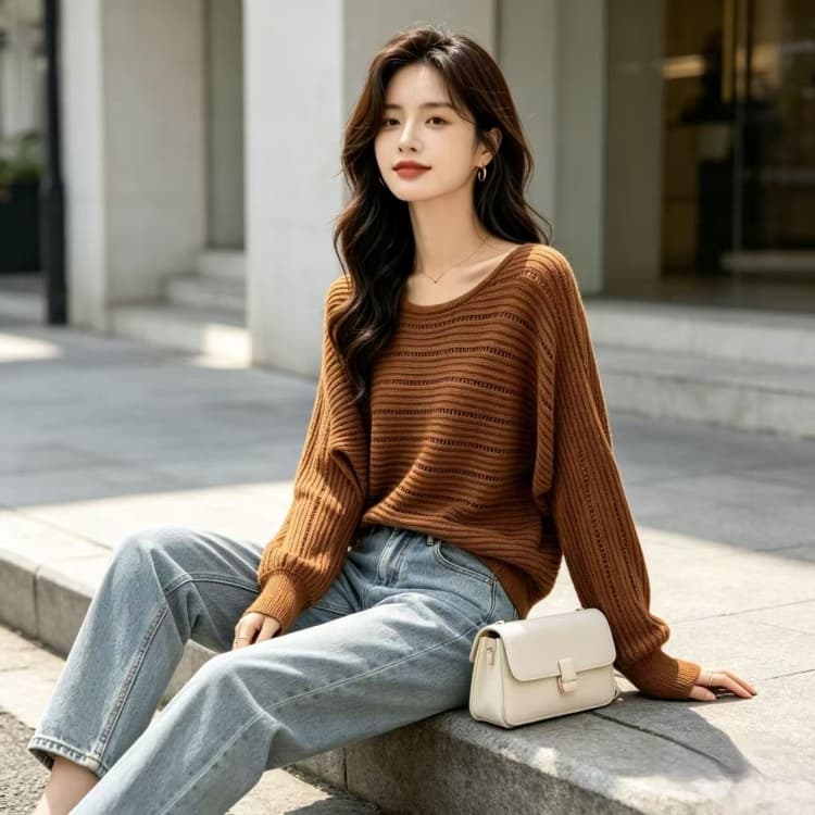 매장 실사 26 년 가을 겨울 새로운 빅 사이즈 불규칙 패션 작은 샤넬 스타일 라운드 넥 풀오버 니트 슬림해 보이는 맨위 상세 이미지 4