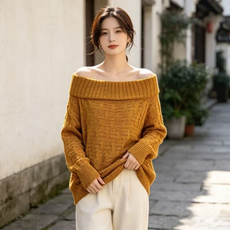 매장 실사 26 년 가을 겨울 새로운 빅 사이즈 연령 감소 단색 니트 스웨터 오프숄더 패션 슬림해 보이는 홀로우 아웃 긴팔 상세 이미지 1