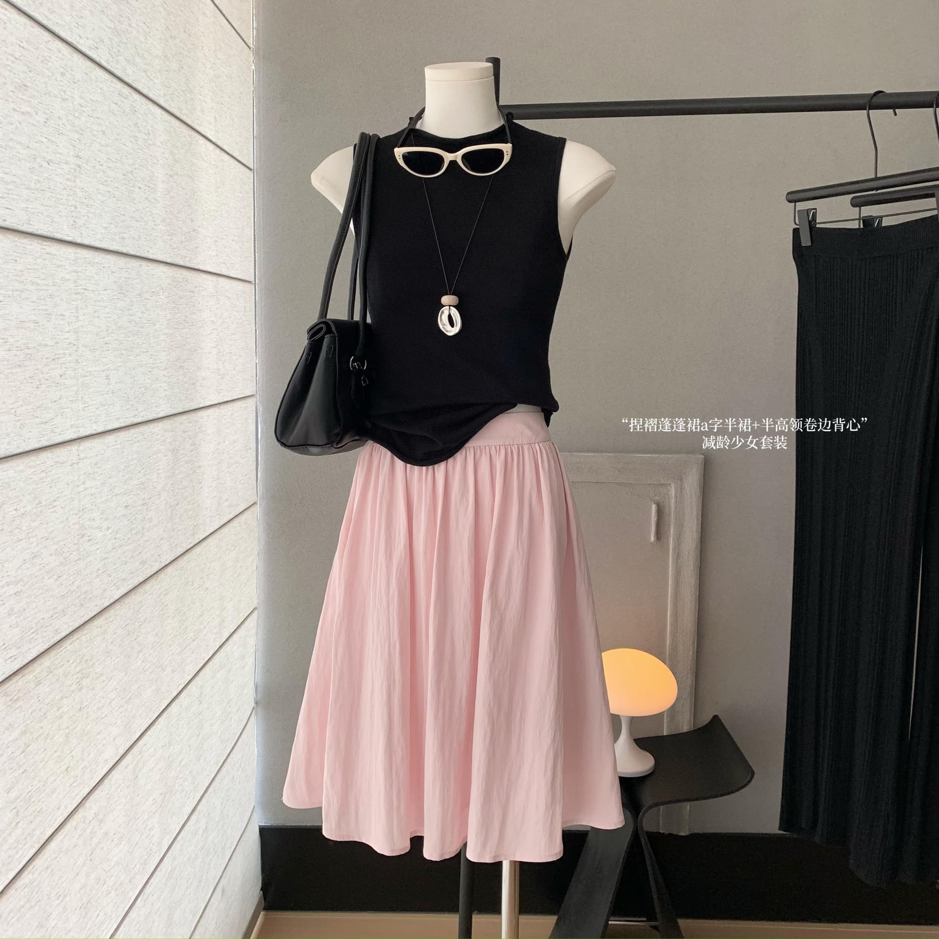 4pril 주간 실크 아마 핀치 Pleat 퍼프 스커트 여성 여름 핑크색 반 스커트 하이웨이스트 슬림해 보이는 루즈핏 다용도 A라인 스커트 상세 이미지 4