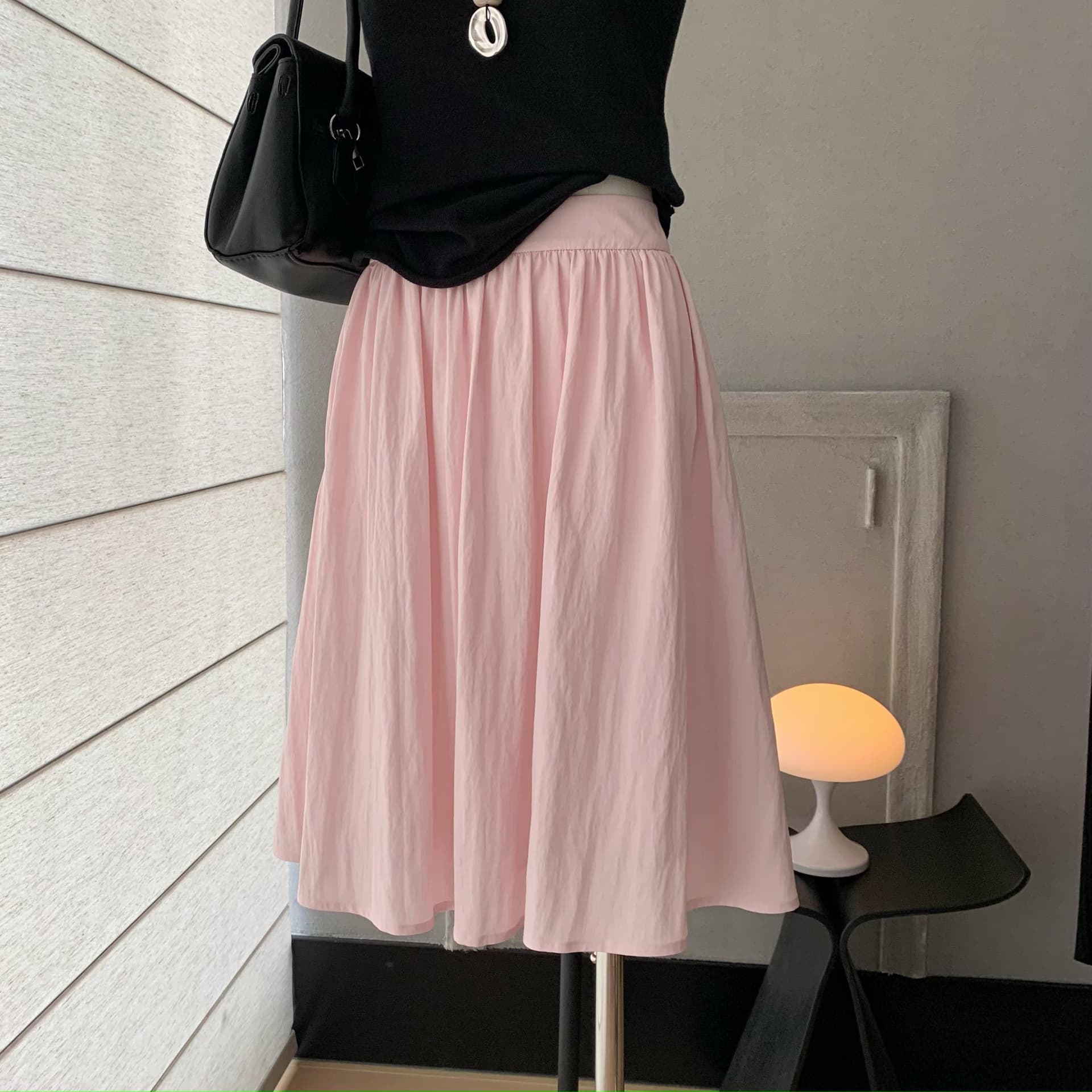 4pril 주간 실크 아마 핀치 Pleat 퍼프 스커트 여성 여름 핑크색 반 스커트 하이웨이스트 슬림해 보이는 루즈핏 다용도 A라인 스커트 상세 이미지 6