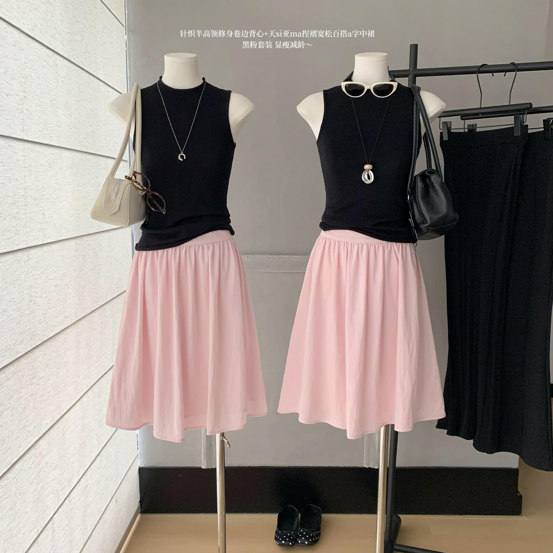 4pril 주간 실크 아마 핀치 Pleat 퍼프 스커트 여성 여름 핑크색 반 스커트 하이웨이스트 슬림해 보이는 루즈핏 다용도 A라인 스커트 상세 이미지 11