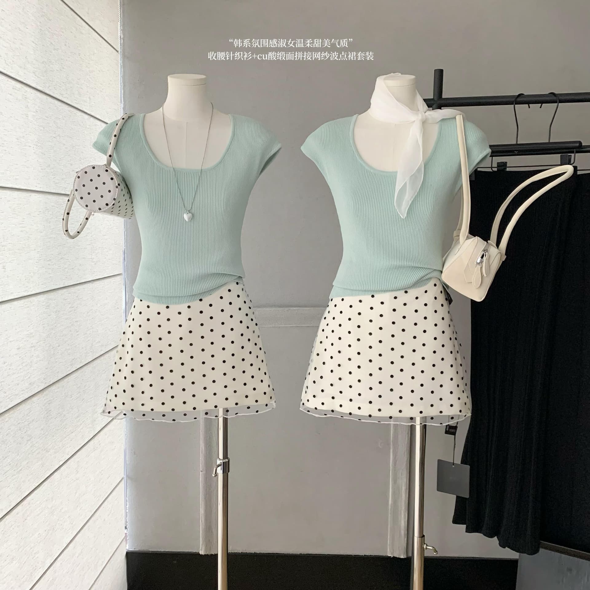 milyroom 여름 한 부서 분위기 센스 숙녀 부드러운 달콤함 품격 맨위 여성용 짧은 소매 도트 무늬 치마 세트 상세 이미지 2