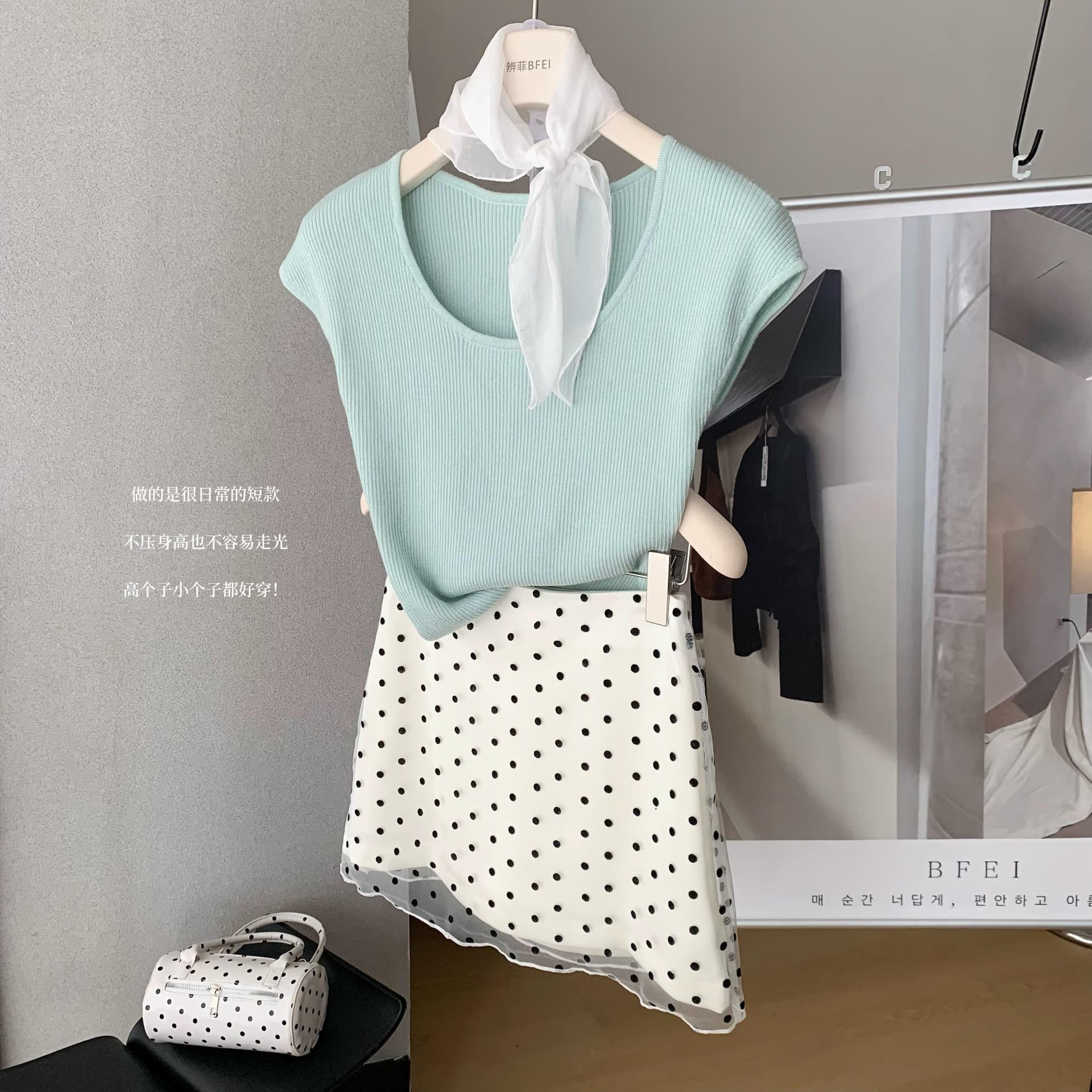 milyroom 여름 한 부서 분위기 센스 숙녀 부드러운 달콤함 품격 맨위 여성용 짧은 소매 도트 무늬 치마 세트 상세 이미지 4
