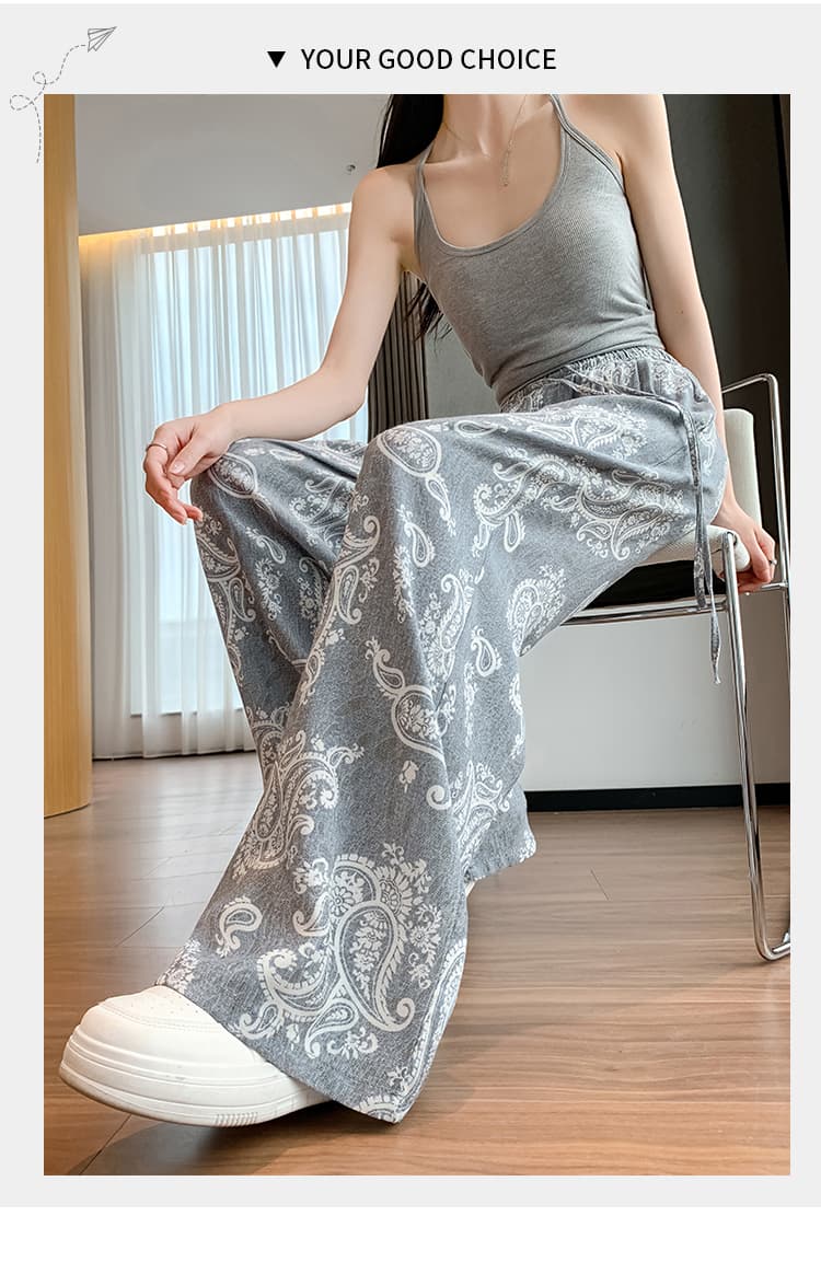 보헤미안 얼음 실크 아마 레트로 프린트 와이드 레깅스 바지 얇은 스타일 루즈핏 도루 가을 센스 표지 고기 슬림해 보이는 캐주얼 바지 상세 이미지 41