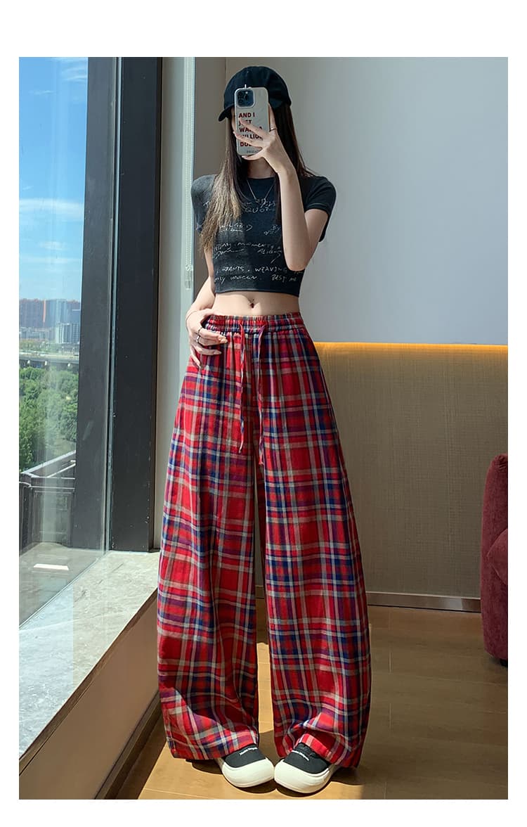 아마 체크무늬 프린트 와이드 레깅스 바지 슬림해 보이는 다용도 하이웨이스트 도루 센스 9 포인트 면 린넨 캐주얼 스트레이트 팬츠 상세 이미지 29