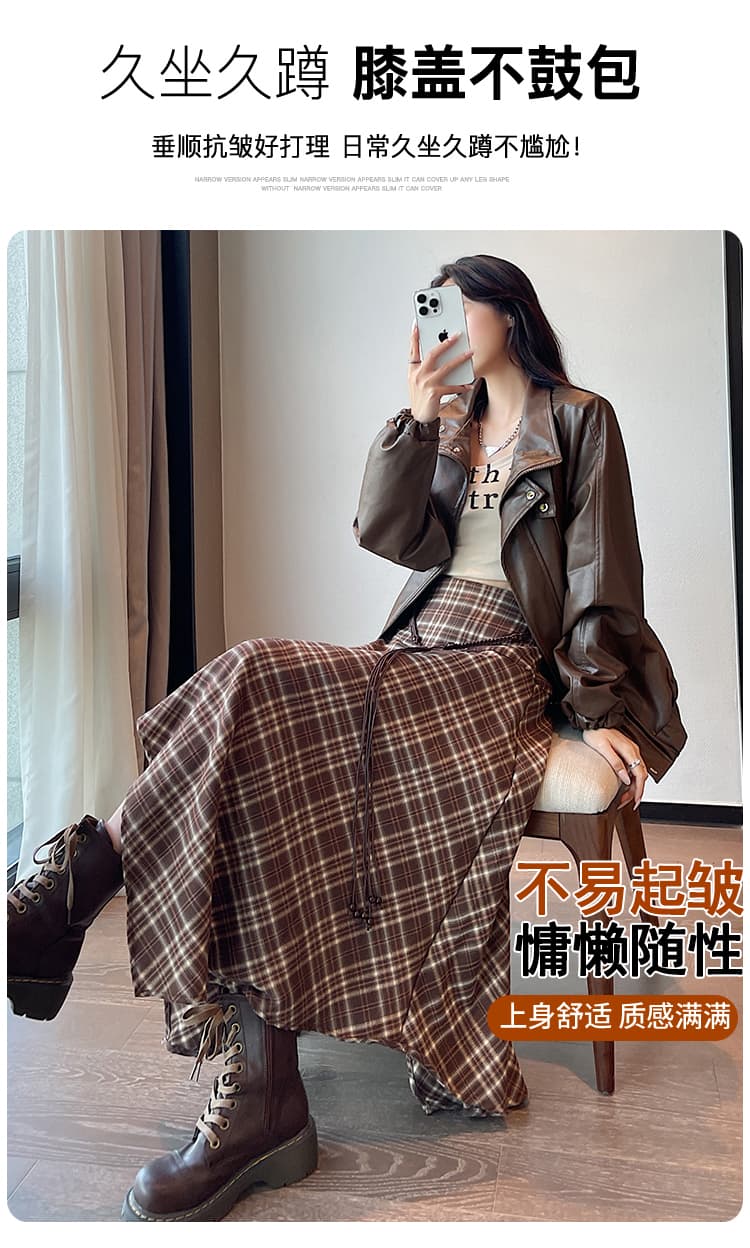 불규칙 체크무늬 반신 스커트 여성 가을 한국 스타일 오래된 돈 바람 달콤한 차가운 레트로 하이웨이스트 우산 치마 슬림해 보이는 한 마디 롱 스커트 상세 이미지 10