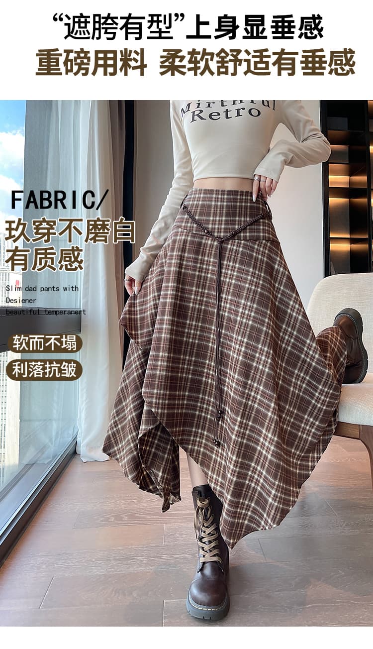 불규칙 체크무늬 반신 스커트 여성 가을 한국 스타일 오래된 돈 바람 달콤한 차가운 레트로 하이웨이스트 우산 치마 슬림해 보이는 한 마디 롱 스커트 상세 이미지 15