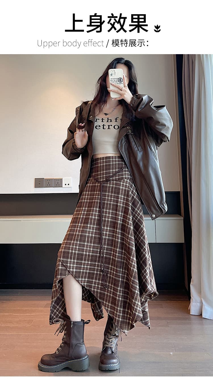 불규칙 체크무늬 반신 스커트 여성 가을 한국 스타일 오래된 돈 바람 달콤한 차가운 레트로 하이웨이스트 우산 치마 슬림해 보이는 한 마디 롱 스커트 상세 이미지 22