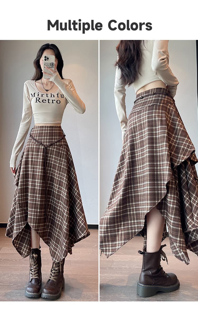 불규칙 체크무늬 반신 스커트 여성 가을 한국 스타일 오래된 돈 바람 달콤한 차가운 레트로 하이웨이스트 우산 치마 슬림해 보이는 한 마디 롱 스커트 상세 이미지 23