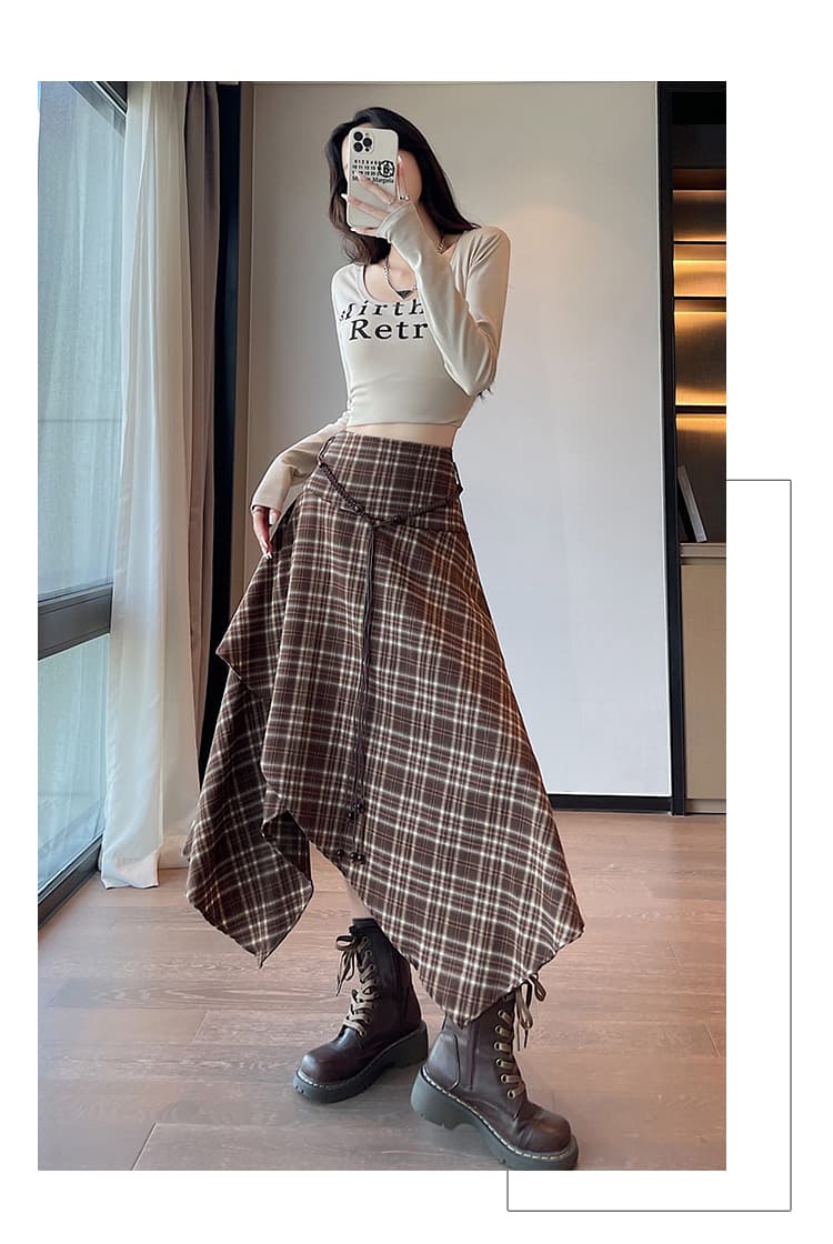 불규칙 체크무늬 반신 스커트 여성 가을 한국 스타일 오래된 돈 바람 달콤한 차가운 레트로 하이웨이스트 우산 치마 슬림해 보이는 한 마디 롱 스커트 상세 이미지 25