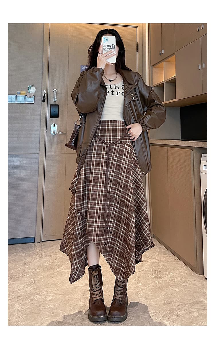 불규칙 체크무늬 반신 스커트 여성 가을 한국 스타일 오래된 돈 바람 달콤한 차가운 레트로 하이웨이스트 우산 치마 슬림해 보이는 한 마디 롱 스커트 상세 이미지 26