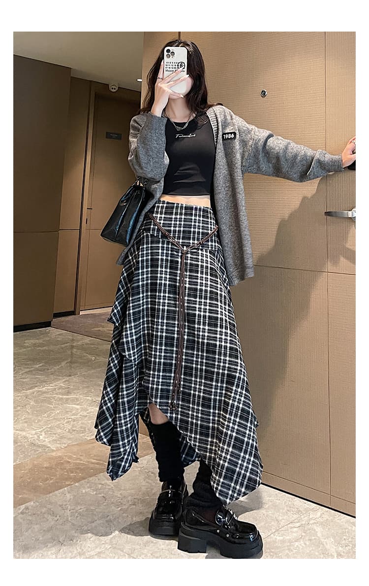 불규칙 체크무늬 반신 스커트 여성 가을 한국 스타일 오래된 돈 바람 달콤한 차가운 레트로 하이웨이스트 우산 치마 슬림해 보이는 한 마디 롱 스커트 상세 이미지 33