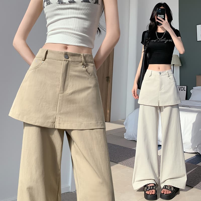 실사 워시 물 면 아메리칸 디자인 센스 방귀 커튼 패치워크 와이드 레깅스 바지 핫걸 페이크 레이어드 슬림해 보이는 부츠컷 캐주얼 바지 이미지 5