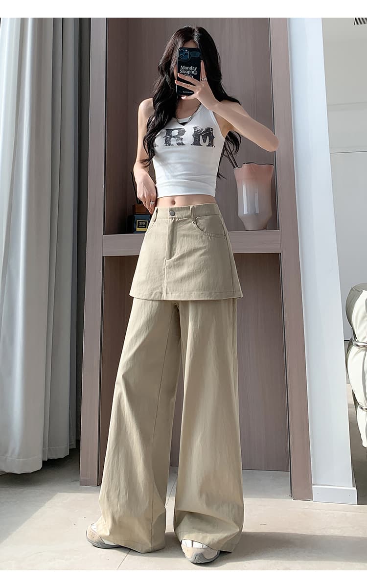 실사 워시 물 면 아메리칸 디자인 센스 방귀 커튼 패치워크 와이드 레깅스 바지 핫걸 페이크 레이어드 슬림해 보이는 부츠컷 캐주얼 바지 상세 이미지 28