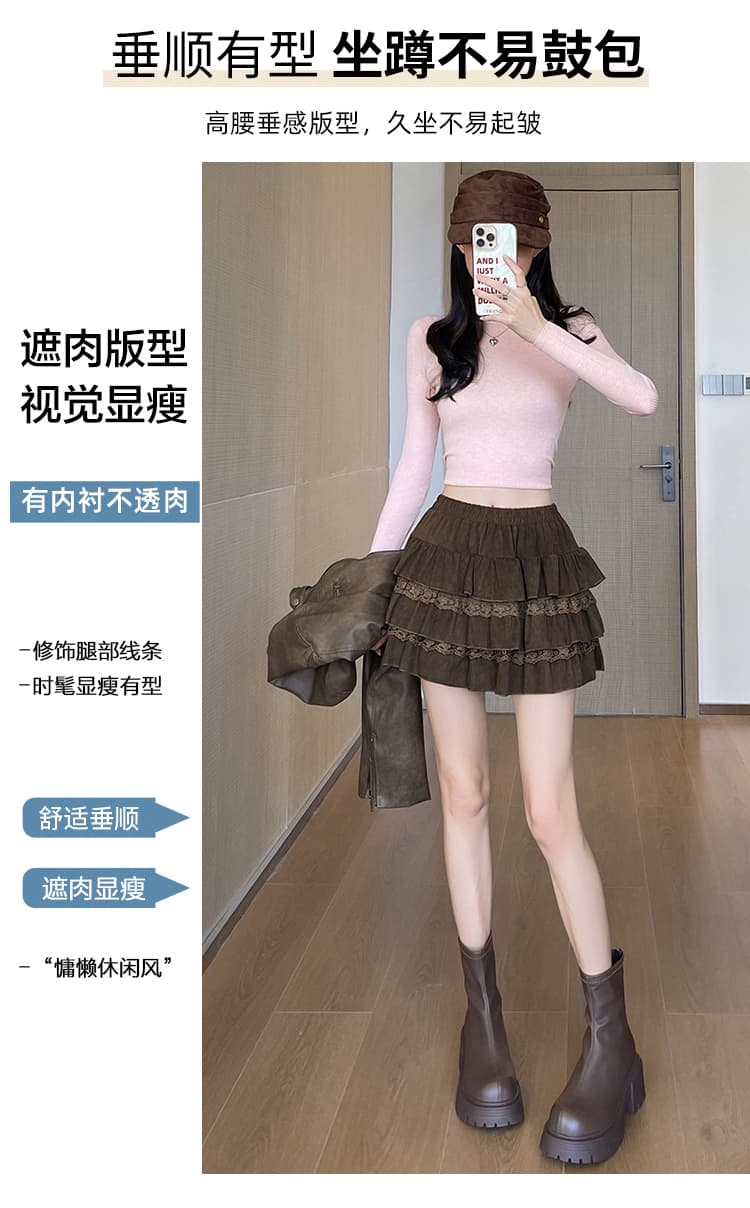 실사 연령 감소 달콤함 케이크 드레스 여성 가을 학원 스타일 레이스 레이스 한 마디 미니 스커트 다용도 퍼프 반신 스커트 상세 이미지 10