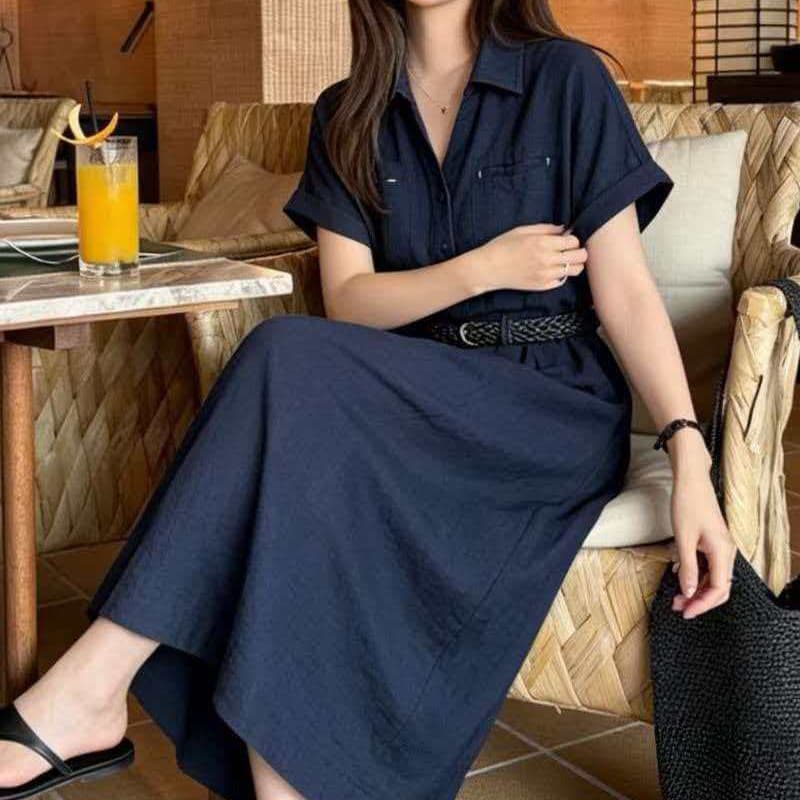 k 자매 ksoeur 높음 지혜 파이 무거운 수백이 있습니다 모래 워시 한 마 품격 폴로 칼라 허리 수축 여성 드레스 상세 이미지 2