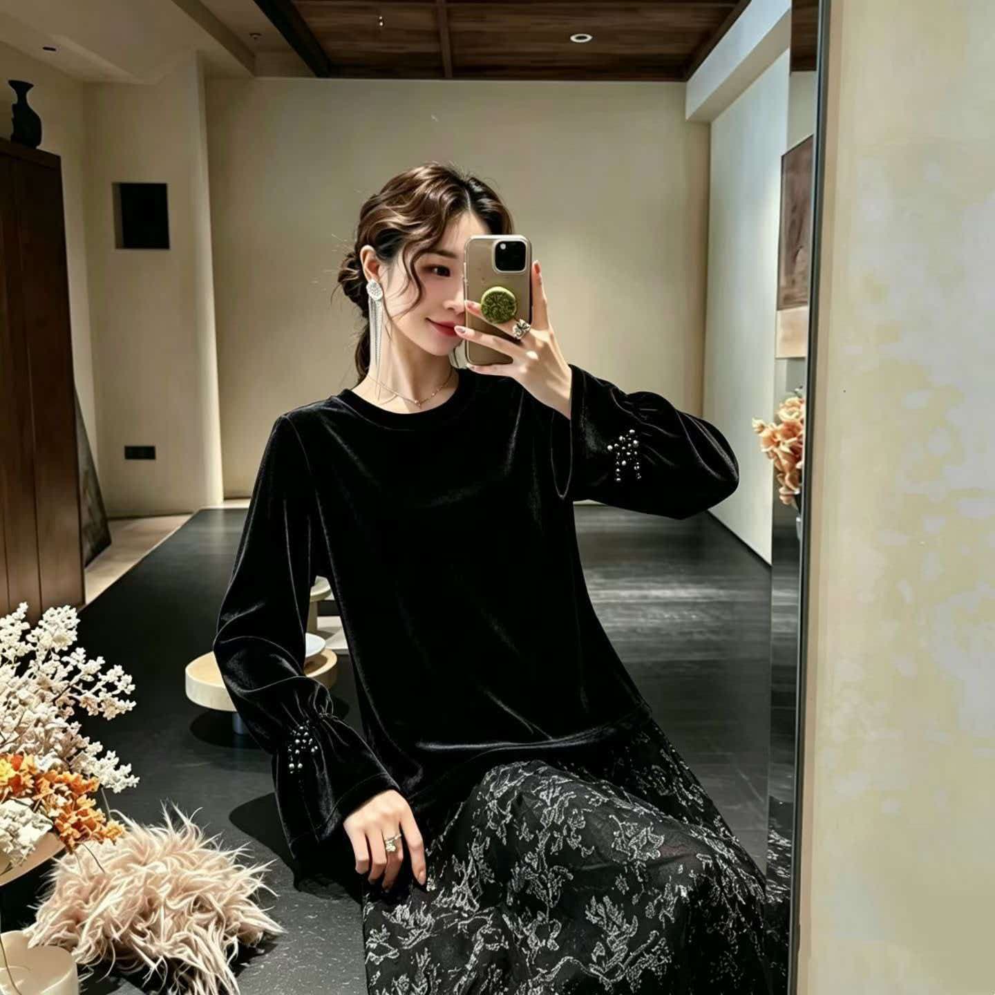 새로운 중식 비즈 박기 셔츠 여성 긴 소매 셔츠 국풍 풀오버 루즈핏 슬림해 보이는 T 기본 셔츠 맨위 상세 이미지 3