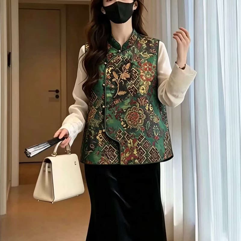 2026 가을 새로운 새로운 중식 국풍 품격 무거운 작업 자수 구슬 튜브 자수 레트로 베스트 여성 조끼 상세 이미지 3