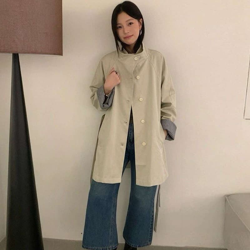 한 부서 레트로 스탠드 칼라 루즈핏 캐주얼 체크무늬 패치워크 중간 길이 바람막이 여성 코트 작은 키 재킷 맨위 가을 이미지 3
