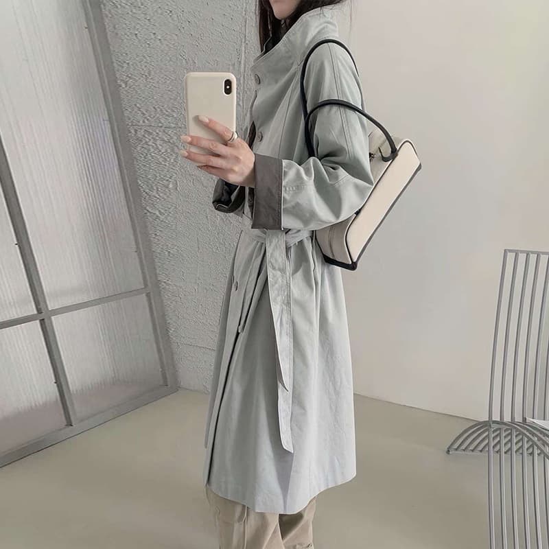 한 부서 품격 해군 레이스업 바람막이 여성 가을 2025 새로운 고급 센스 영국식 스탠드 칼라 중간 길이 코트 이미지 2