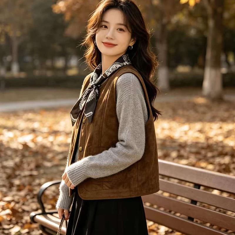 그 것들 옷장 아름다움 라드. 스웨이드 레트로 스택 착용 베스트 조끼 여성 V넥 루즈핏 쇼트 스타일 조끼 재킷 이미지 4