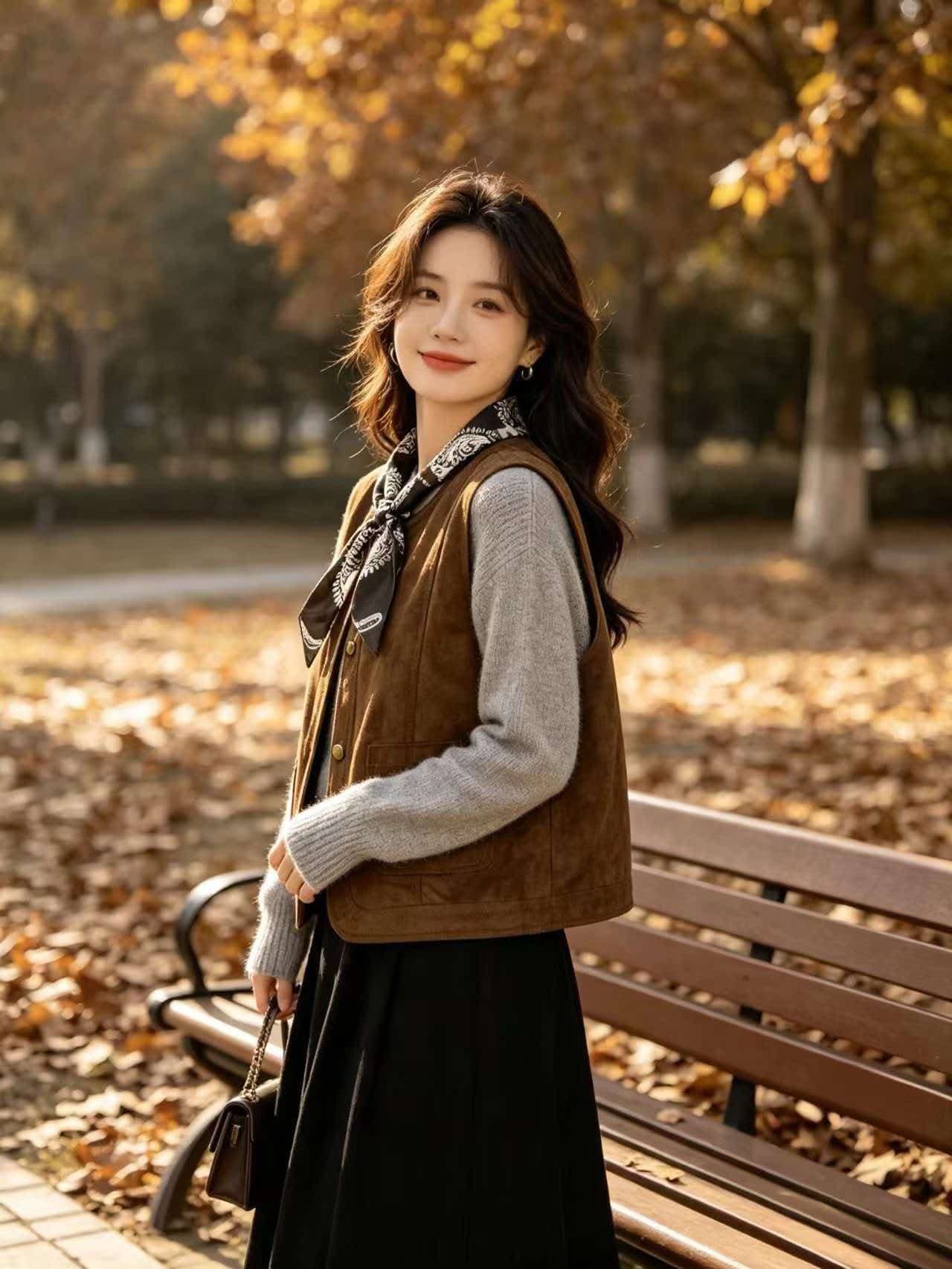 그 것들 옷장 아름다움 라드. 스웨이드 레트로 스택 착용 베스트 조끼 여성 V넥 루즈핏 쇼트 스타일 조끼 재킷 상세 이미지 2